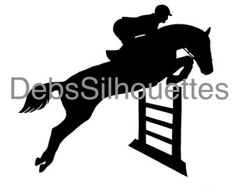 May include: Black silhouette of a horse jumping over a fence with a rider on its back. The horse is in mid-air, its legs extended, and the rider is leaning forward. The fence is a simple wooden structure with three rails.