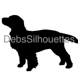 May include: Black silhouette of a Cocker Spaniel dog standing with its head turned to the left.
