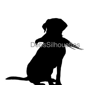 May include: Black silhouette of a dog sitting with its tail curled around its body.