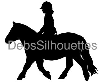 May include: Black and white silhouette of a child riding a pony. The child is wearing a hat and the pony has a long tail.