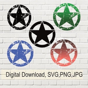バンドル ディストレスト アーミー スター SVG ファイル、クリカットとシルエット用のカット ファイル、アーミー スター SVG、アメリカ国旗ステンシル、ジープ用 SVG、マウンテン SVG
