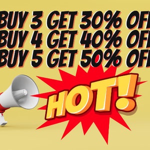 May include: A red megaphone with a white speaker is pointing towards a red and yellow starburst with the text "HOT!" and the text "BUY 3 GET 30% OFF BUY 4 GET 40% OFF BUY 5 GET 50% OFF" above it.