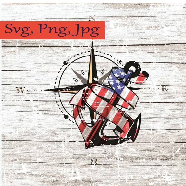 USA Anchor Compass SVG File, Anchor svg, Compass Digital Instant Download