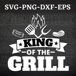 May include: Black and white graphic design with the text "KING OF THE GRILL" on a banner with a star on each side. The design also includes a spatula, a pair of tongs, a hot dog, and a steak.
