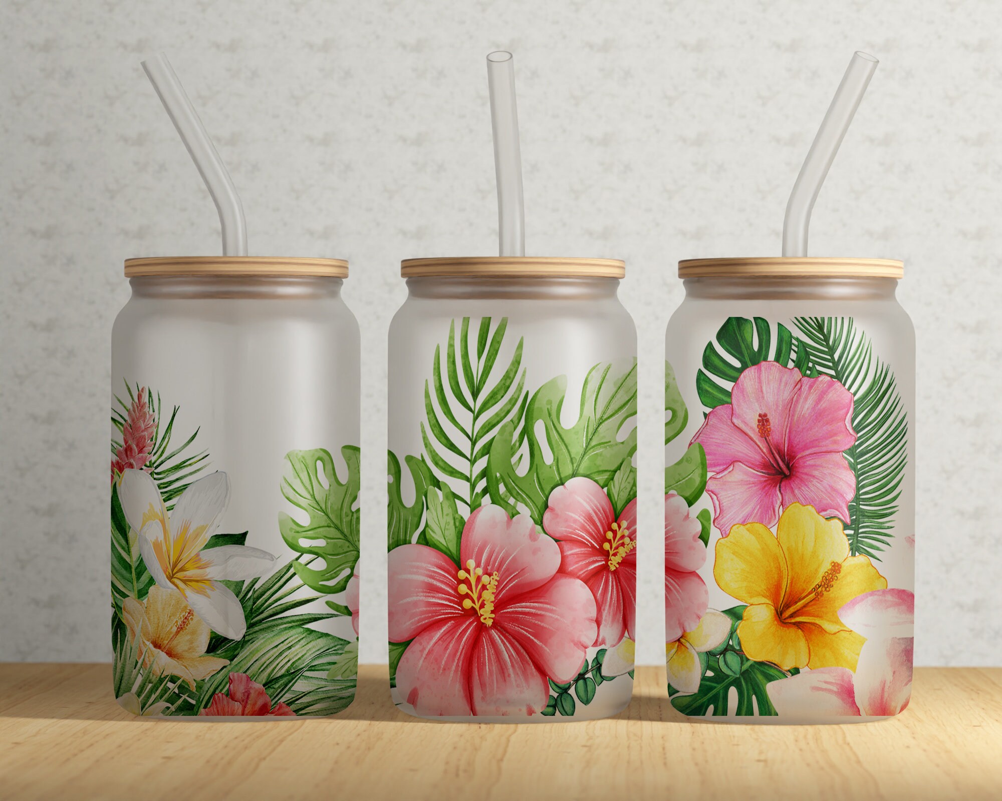 Tropical Leaf 16 Oz Frosted Can Glass Wrap PNG 16oz Glass Etsy