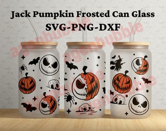 Boîte de conserve givrée Jack Pumpkin SVG, PNG, emballage • Boîte de conserve Halloween 16 oz en verre pour sublimation | Téléchargement numérique
