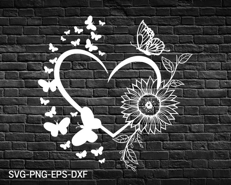 May include: A white silhouette of a heart with a sunflower and butterflies on a black brick background. The heart is formed by a curved line with butterflies on one side and a sunflower on the other.