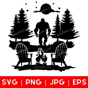 Noite de acampamento na floresta com cadeiras Adirondack e Pé Grande Svg PNG EPS JPG para camisetas DIY, placas de madeira, baldes de acampamento