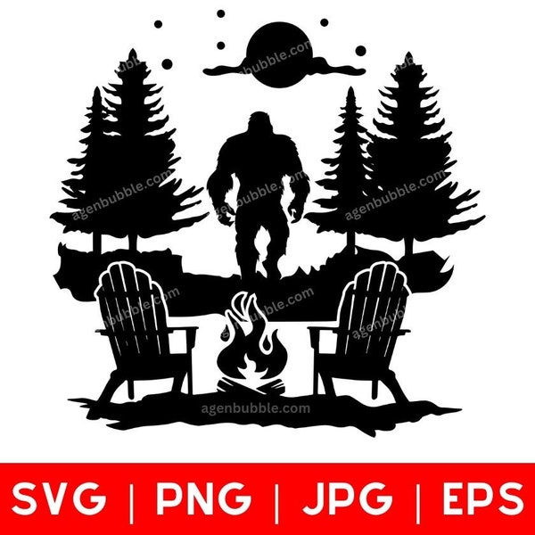 Camping Night In Forest With Adirondack Chairs and Bigfoot Svg Png Eps Jpg Files For DIY T-shirt, Wood Sign, Camp Bucket