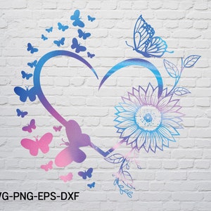 May include: A blue and pink heart with a sunflower and butterflies. The heart is outlined in a darker blue and pink. The sunflower is outlined in a darker blue. The butterflies are outlined in a darker blue and pink. The background is a white brick wall.