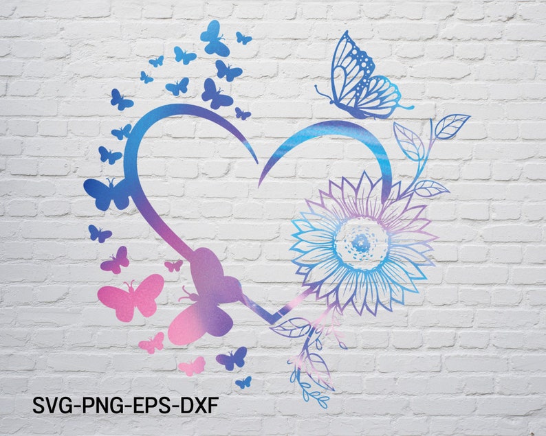 May include: A blue and pink heart with a sunflower and butterflies. The heart is outlined in a darker blue and pink. The sunflower is outlined in a darker blue. The butterflies are outlined in a darker blue and pink. The background is a white brick wall.