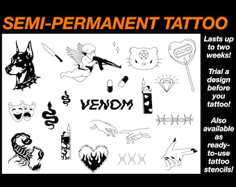 Venom Temporary Tattoos, Ready-to-use, Easy-to-apply, Y2K Aesthetic Designs. Snake, Doberman Dog, Diamond, Semi Permanent
