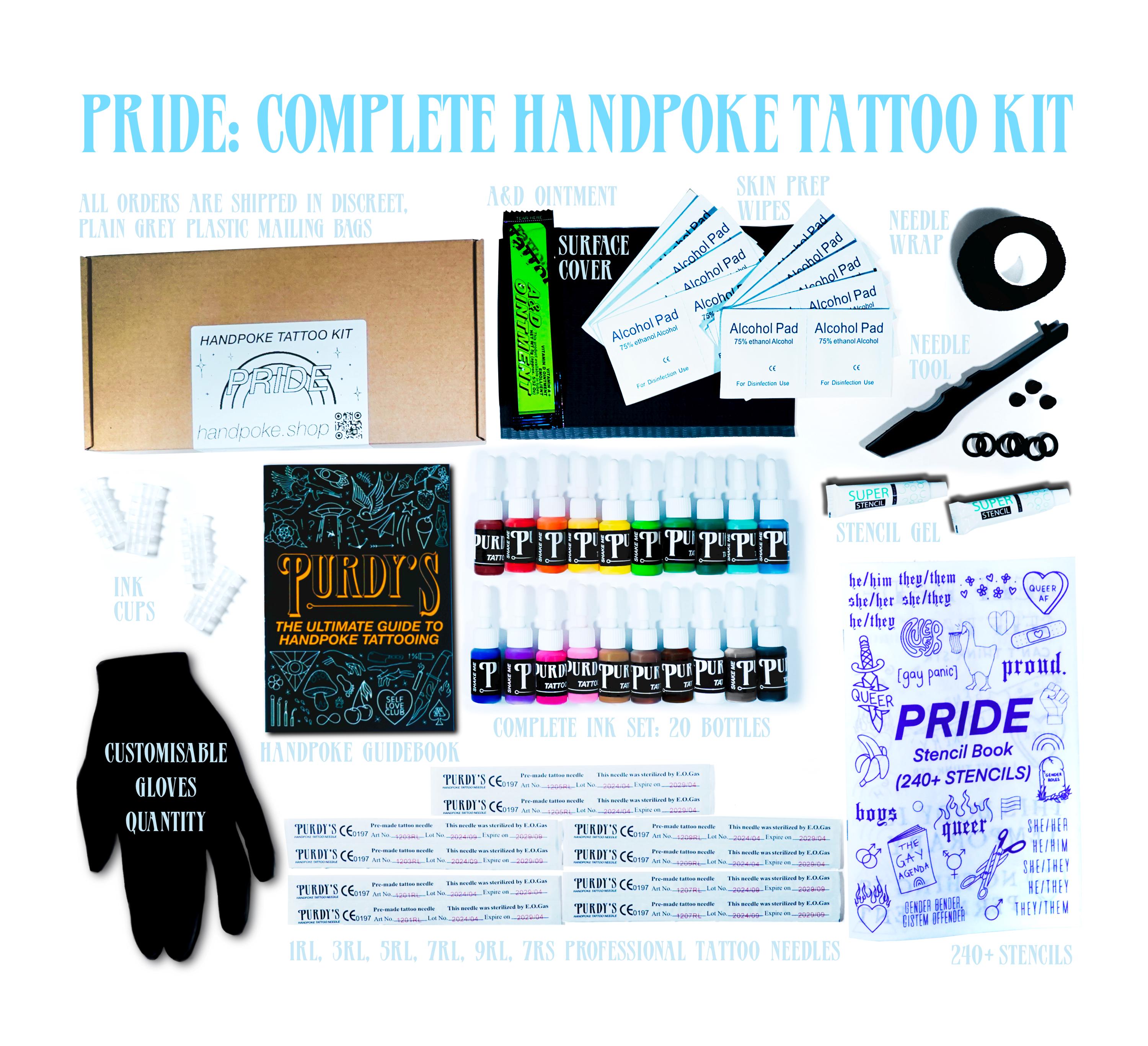 PRIDE: Complete Handpoke Tattoo Kit, All-in-One Complete Stick & Poke Bundle, Professional Supplies, Rainbow Ink, Needles, Stencils, Vegan