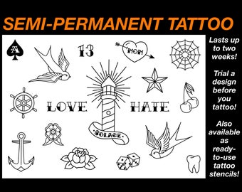 Traditional Temporary Tattoo, Long Lasting Tattoo, Easy-to-apply, Trad, Old School Designs. Vintage, Retro American, Semi Permanent