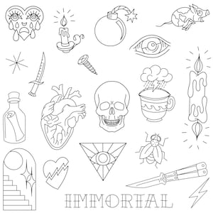 Schablonen von Immortal Tattoo Designs. Gebrauchsfertig, einfach anzuwenden, traditionell, Retro, American Vintage inspiriert, Handpoke und Stick & Poke