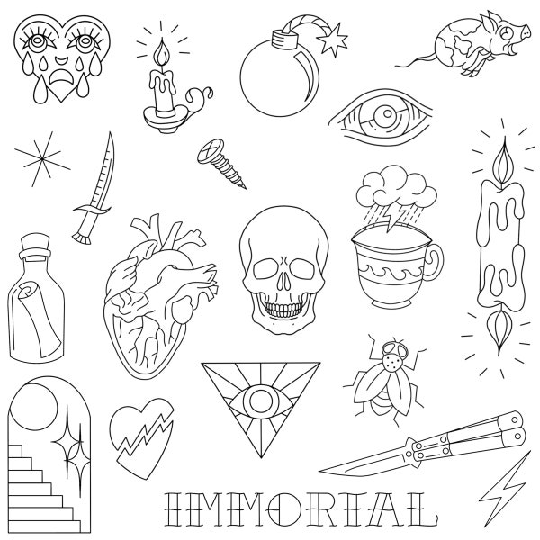 Stencils Immortal Tattoo Designs Ready-to-use, Easy-to-apply, Traditional, Retro, American Vintage Inspired, Handpoke and Stick & Poke