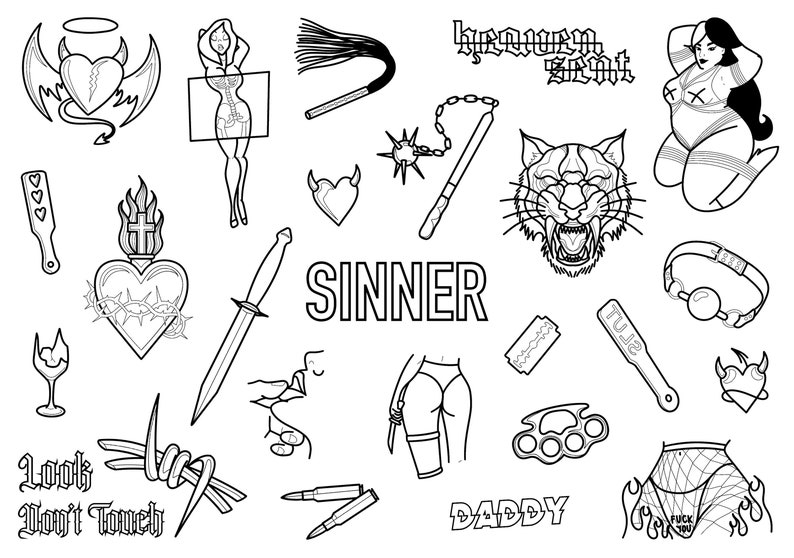 Stencils Sinner Tattoo Designs Ready-to-use, Easy-to-apply, Y2K Aesthetic, Women, Tiger, Self Love, Plus Size, Handpoke and Stick & Poke image 5