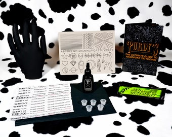Practice Handpoke Tattoo Kit, All-in-One Complete Stick & Poke Bundle, Professional Supplies, Ink, Needles, Printed Fake Skin, Vegan