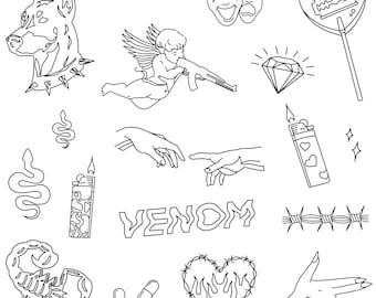 Stencils Venom Tattoo Designs, Ready-to-use, Easy-to-apply, Y2K Aesthetic Designs. Snake, Doberman Dog, Diamond, Handpoke and Stick & Poke