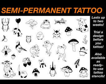 Tatouage temporaire grenouilles et amis, tatouage longue durée, facile à appliquer, designs simples et mignons. Vaches, champignons, punaises, semi-permanent