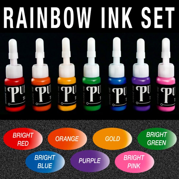 7-teiliges Rainbow Handpoke Tinten-Set, Purdys Original Tattoo-Tinte 5ml Flasche, lebendige Farben, Künstlerzubehör, Experte, Lehrling, Anfänger