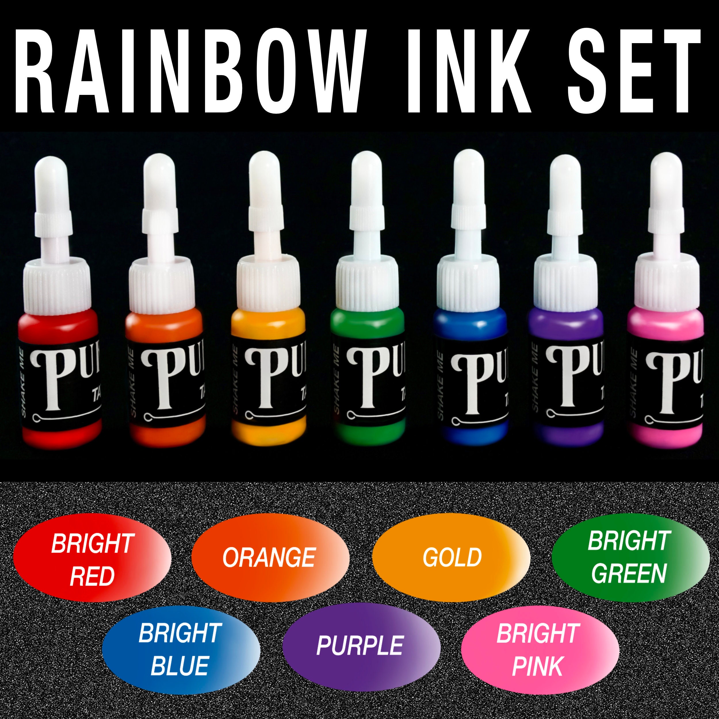 7pc Rainbow Handpoke Ink Set, Purdys Original Tattoo Ink 5ml Bottle,  Vibrant Colors, Tattoo Artist Supplies, Expert, Apprentice, Beginner 