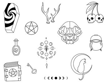 Pochoirs, dessins de tatouage de sorcière, prêts à l'emploi, faciles à appliquer, magiques, sorcellerie, tatouage occulte, cadeau wicca, poke main et stick & poke