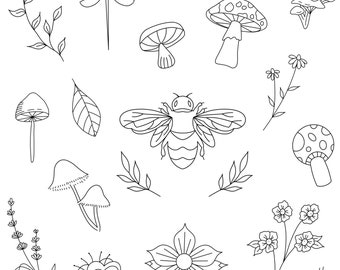 May include: A collection of black and white line art illustrations featuring a central bee, various mushrooms, a dragonfly, a spider, and assorted botanical elements including leafy branches, small flowers, and individual leaves on a white background.