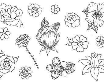 Stencils Flowers Tattoo Designs Ready-to-use, Easy-to-apply, Nature, Leaves, Pretty. Rose, Lily, Daisy, Handpoke and Stick & Poke