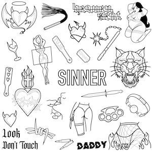 Stencils Sinner Tattoo Designs Ready-to-use, Easy-to-apply, Y2K Aesthetic, Women, Tiger, Self Love, Plus Size, Handpoke and Stick & Poke image 1