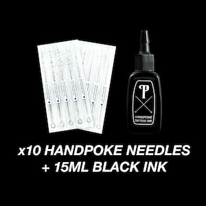 10 Needles + 15ml Black Ink, Handpoke Tattoo Needles Refills, Stick & Poke Supplies for DIY Tattoos, High Quality Professional Grade