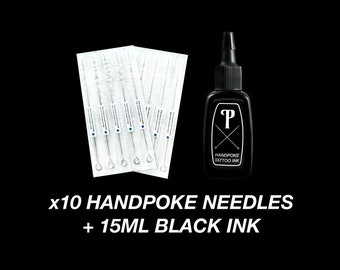 10 Needles + 15ml Black Ink, Handpoke Tattoo Needles Refills, Stick & Poke Supplies for DIY Tattoos, High Quality Professional Grade