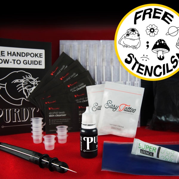 Large Handpoke Tattoo Kit, All-in-One Komplettes Stick & Poke Bundle, Professionelles Zubehör, Tinte, Nadeln, Schablonenpapier, Vegan