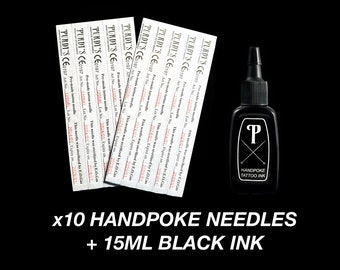 10 Needles + 15ml Black Ink, Handpoke Tattoo Needles Refills, Stick & Poke Supplies for DIY Tattoos, High Quality Professional Grade