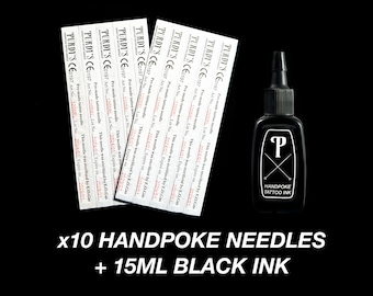 10 Needles + 15ml Black Ink, Handpoke Tattoo Needles Refills, Stick & Poke Supplies for DIY Tattoos, High Quality Professional Grade