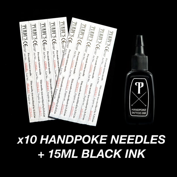 10 Needles + 15ml Black Ink, Handpoke Tattoo Needles Refills, Stick & Poke Supplies for DIY Tattoos, High Quality Professional Grade