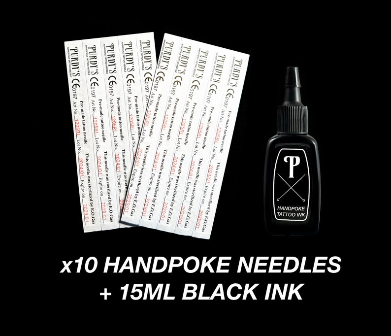 10 Needles 15ml Black Ink, Handpoke Tattoo Needles Refills, Stick & Poke Supplies for DIY Tattoos, High Quality Professional Grade image 1