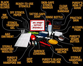 Kit de tatuajes Ultimate Handpoke: tinta vegana, agujas, plantillas y guía