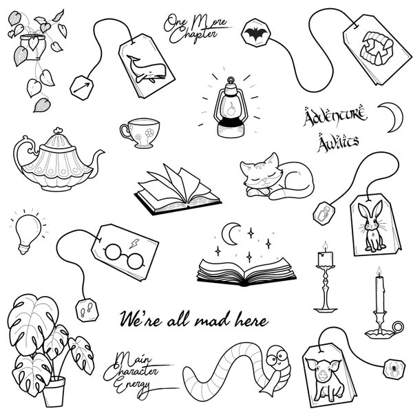 Stencils Book Lover Tattoo Designs Ready-to-use, Easy-to-apply, Reading, Book Worm, Plants, Moon and Stars, Handpoke and Stick & Poke