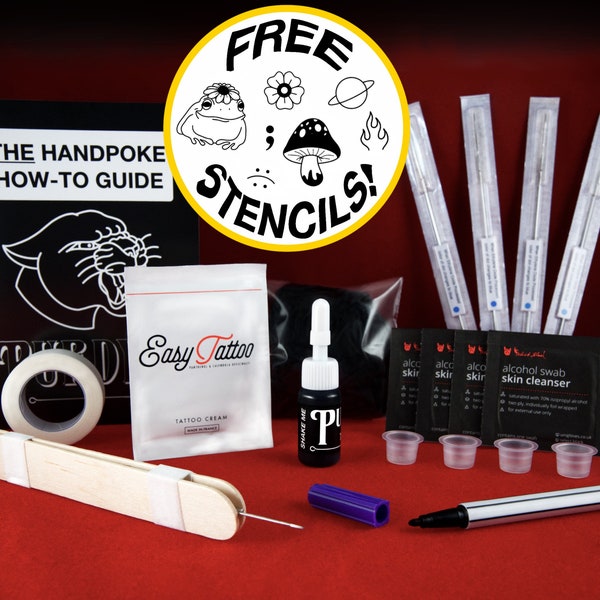 Medium Handpoke Tattoo Kit, All-in-One Komplettes Stick & Poke Bundle, Professionelles Zubehör, Tinte, Nadeln, Schablonen Marker, Vegan