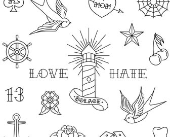 May include: A collection of black and white line art tattoo flash designs featuring a lighthouse with the word SOLACE, the words LOVE and HATE, a swallow, a heart with MOM, a spider web, a ship wheel, a star, cherries, the number 13, a flower, an anchor, a rose, dice, and a tooth.