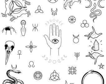 Pochoirs, motifs de tatouage païen, prêts à l'emploi, faciles à appliquer, magiques, sorcellerie, tatouage occulte, cadeau wicca, poke main et stick & poke