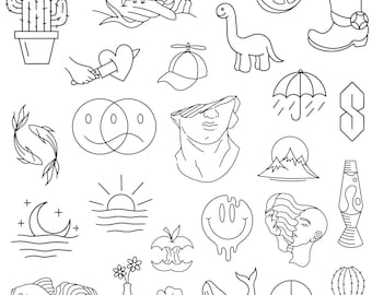 Stencils Random 1 Tattoo Designs Ready-to-use, Easy-to-apply, Cute, Simple and Easy, Dinosaur, Cowboy, Handpoke and Stick & Poke