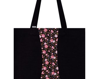 Motif de roses roses sur sac fourre-tout en lin noir | Sac à provisions | Sac à bandoulière | Sac de marché | Sac d'épicerie | Sac de plage | Sac réutilisable | Zero gaspillage