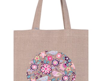 Florale Leinen-Einkaufstasche | Umhängetasche | Einkaufstasche | Yoga-Tasche | Strandtasche | Vegane Tasche | Geschenk für Sie | Natürliche Tasche | Baumwollapplikation