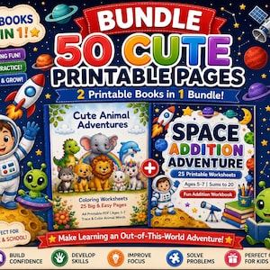 Può includere: Un pacchetto di 50 pagine stampabili che include due libri in uno: Cute Animal Adventures e Space Addition Adventure. La copertina mostra grafiche colorate a tema spaziale, tra cui un astronauta, pianeti, un razzo e alieni, con testo che indica formato A4, download istantaneo ed età 5-7.
