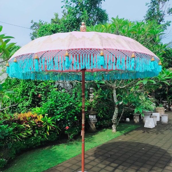 Handmade Balinese Collection Authentic Boho Style Sun Garden Parasol Pastel Pink and Blue Tassel