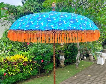 Collection balinaise faite à la main Authentique parasol de jardin de style Boho Parasol imprimé bleu et orange