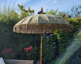 Handmade Balinese Collection Authentic Boho Style Sun Garden Parasol Forest Deep Green Tones & Gold With Tassels and Fringe