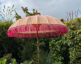 Handmade Balinese Collection Authentic Boho Style Sun Garden Parasol Orange and Pink Geometric Printed Parasol